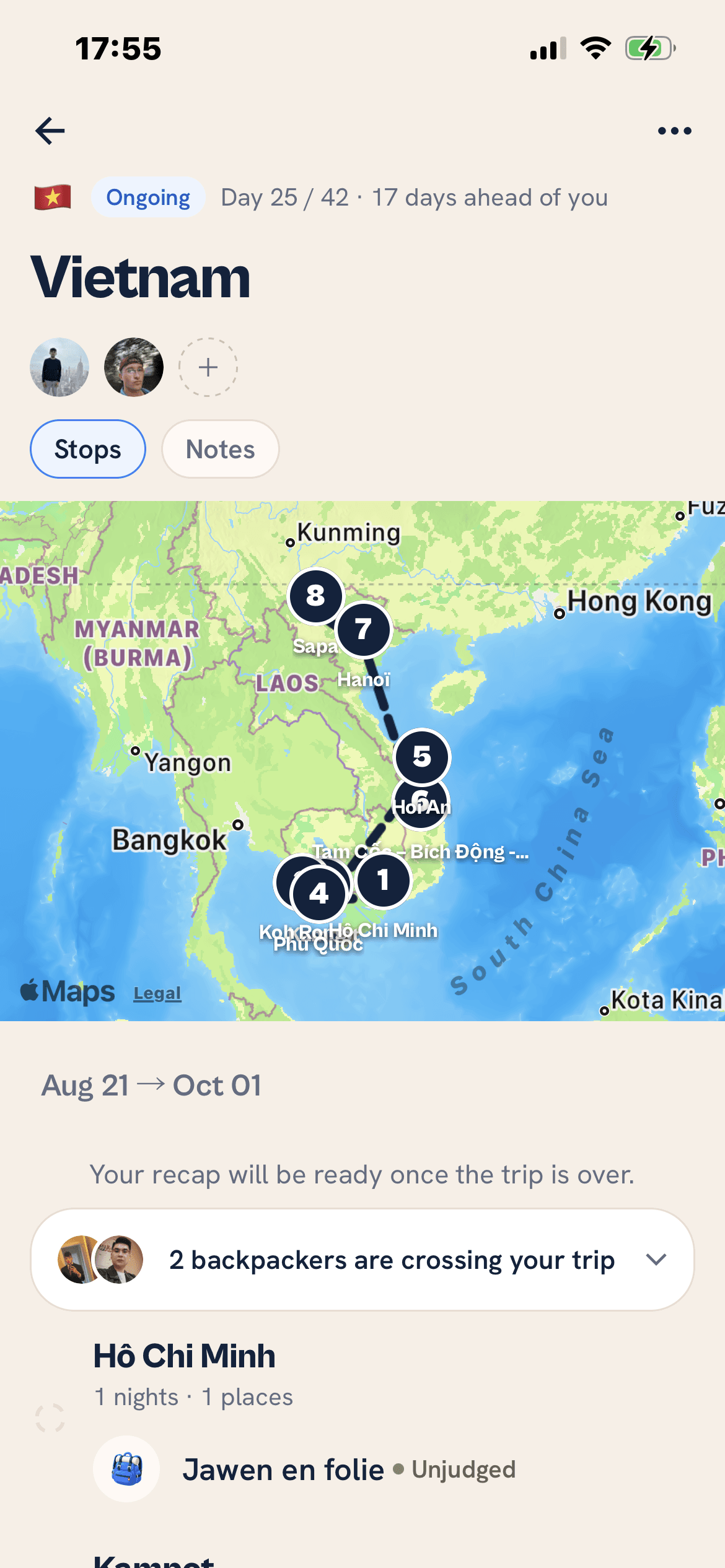 Latest Spixes trip itinerary screen